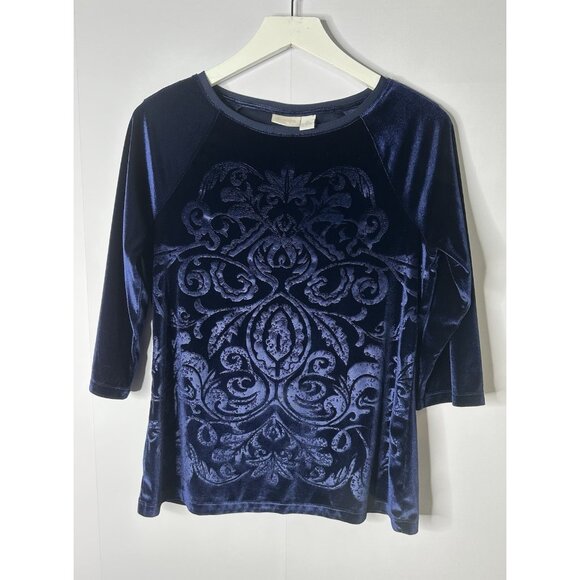 Chico's Size 0 Small Blue Velvet 3/4 Sleeve Top Embossed Paisley Jewel Tone - Picture 1 of 11